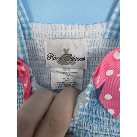 Rare Editions Aqua Check Seersucker Pink Butterfly Dress & Bloomers 12 Months - Picture 7 of 7